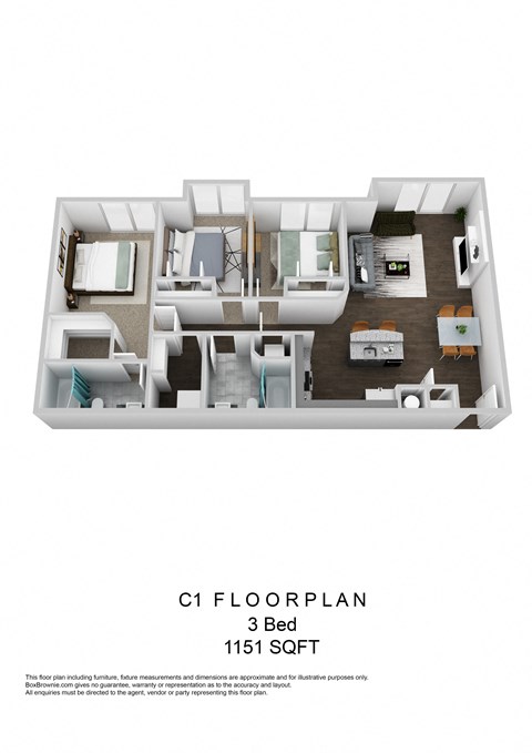 C1 Three Bedroom 3D Floorplan